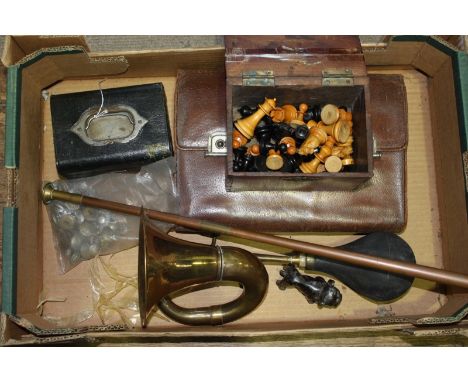 Various collectables including a complete Staunton pattern chess set, a brass car horn, a leather dressing set and some milit