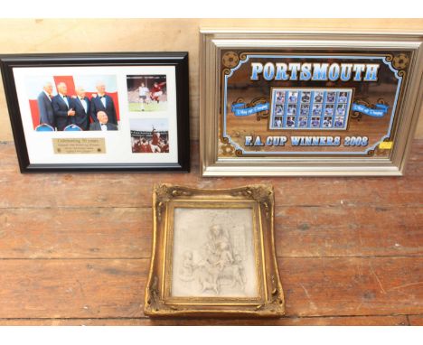 A framed Portsmouth F.C. mirror, transfer printed with the 2008 FA cup winning team, together with a 1966 world cup print and