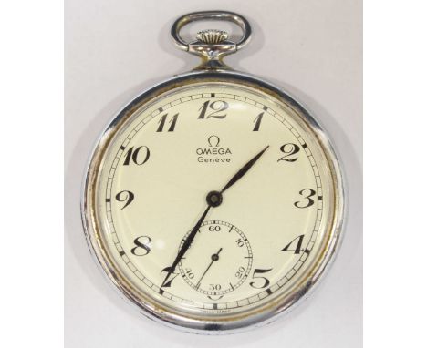 An Omega stainless steel open face pocket watch, the signed white enamel dial with Arabic numerals, and subsidiary seconds di