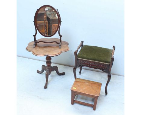 A 19th century mahogany tripod wine table with shaped top, together with a 19th century mahogany dressing table mirror, a pia