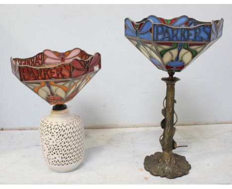 Two modern Tiffany style 'Parkers' leaded glass table lamps, one with naturalistic brass base, the other with later ceramic v