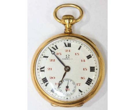 A 1920s 18ct gold Omega ladies fob watch, the white enamel dial signed Omega, and with Roman numerals, Arabic 24 hour numeral