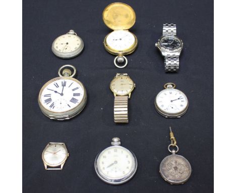 A silver plated Goliath 8 day pocket watch, with white enamel dial and black Roman numerals, together with five other pocket 