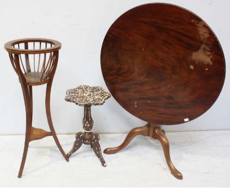 A Georgian mahogany circular tilt-top tripod table, 89cm diam, together with a mother-of-pearl tripod table and jardiniere ho