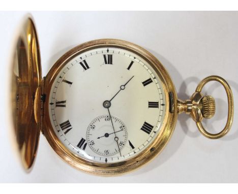 A 14K gold full hunter pocket watch, the white enamel dial with black Roman numerals and subsidiary seconds dial, the case st