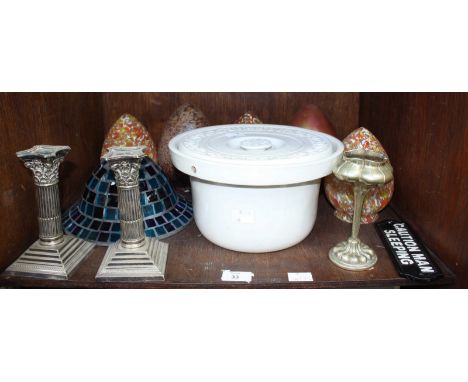 SECTION 33. A collection of assorted glass lamp shades, together with a pair of silver plated Corinthian column candlesticks,