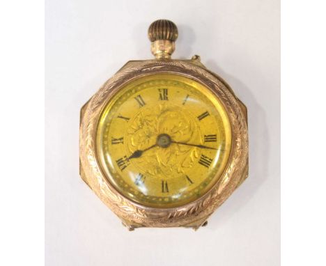 A ladies small 9ct gold fob watch, with white enamel dial, the case decorated with enamel flowers. 20 grams.