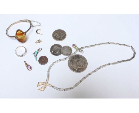 A two tone silver and yellow gold necklace, together with a silver bangle, coins, a 9ct gold pendant and other items.