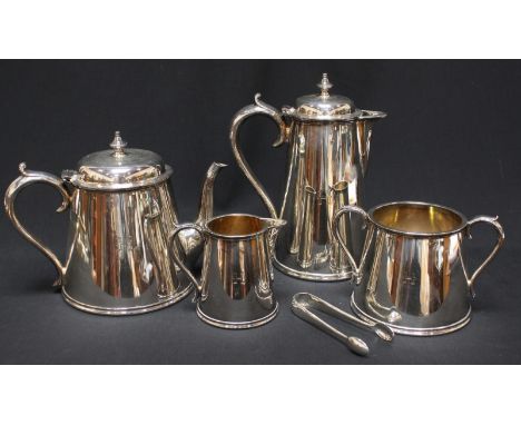 An Elkington & Co five-piece silver-plated tea set of tapering cylindrical form, comprising teapot, water jug, cream, sugar a