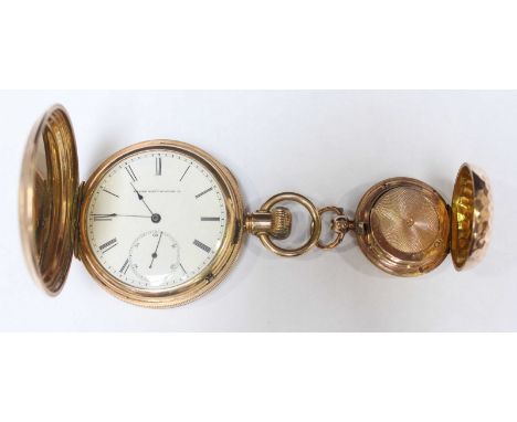 A 9ct gold hammered sovereign case, 18.5 grams, together with an Elgin gold plated full hunter pocket watch, with white ename