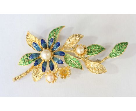 A Modern '750' standard gold flower brooch set with pearls and decorated with blue and green enamel highlights, (one pearl la