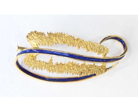 A yellow metal (tests as 18ct), brooch of stylised design decorated with blue enamel, 7.90 grams