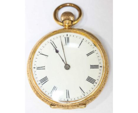 A ladies small Continental 18K gold pocket watch, with white enamel dial. 37.3 grams.