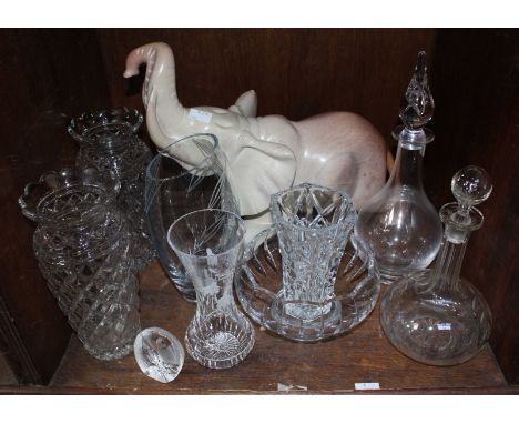 SECTION 48. A collection of assorted cut glassware, including a Dartington decanter, and a large carved hardstone elephant.