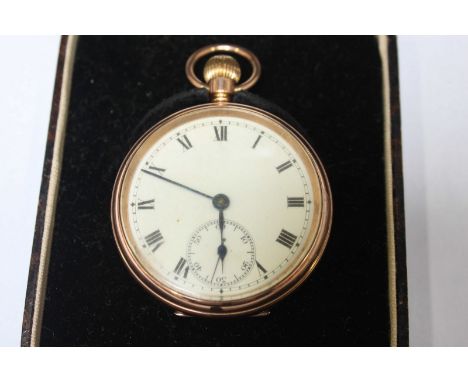 A 9ct gold open face pocket watch, the white enamel dial with subsidiary seconds dial.  85.6 grams.