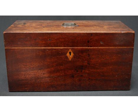 A 19th century mahogany tea caddy, of plain rectangular form, with two interior compartments and central mixing bowl well. 30