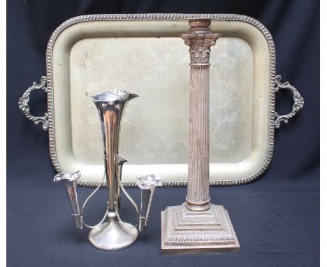 A large silver plated Corinthian column candlestick lamp base, 45 cm high, together with a large silver plated tray and an ep