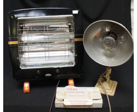 A 1950's electric fire together with a 'Pifco' infrared, radiant heat lamp and a Falks 'Globe - Trotter' travel iron.