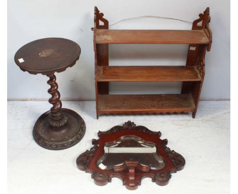 A small oak three tier wall shelf, a mahogany barley twist wine table, and a mahogany framed wall mirror. (3)