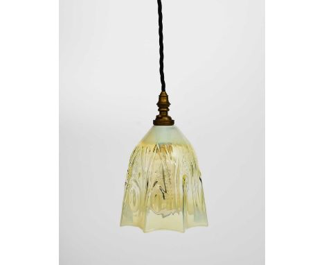 A patinated metal and vaseline glass ceiling pendant light, the glass shade flaring with fluted rim, with ceiling rose, unsig