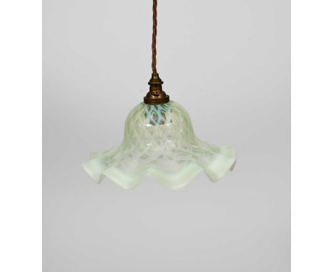 A patinated metal and vaseline glass ceiling pendant light, the glass shade flaring with fluted rim, with ceiling rose, unsig