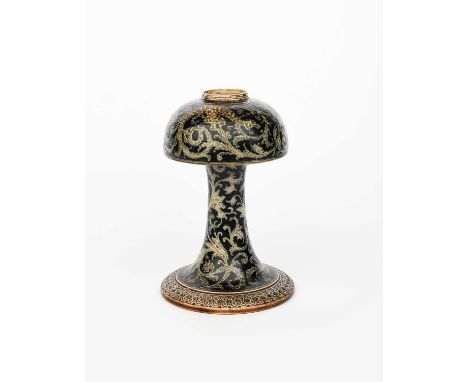 A Martin Brothers stoneware oil lamp base by Robert Wallace Martin, tapering cylindrical stem with swollen neck reservoir, in