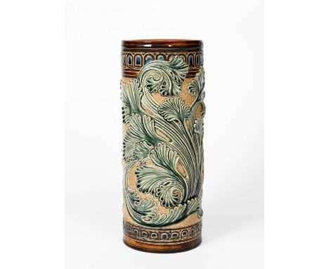 A large Doulton Lambeth stoneware vase by Mark V Marshall, cylindrical, modelled in low relief with scrolling foliage, in col