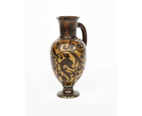 A Martin Brothers stoneware jug by Robert Wallace Martin, dated 1881, shouldered form, incised with a band of scrolling folia