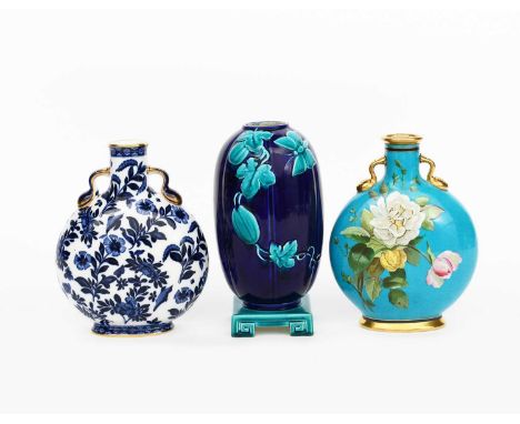 A Mintons Pottery Cloisonne moonflask, model no.1348, flattened disc form, painted with a spray of wild flowers to each side,