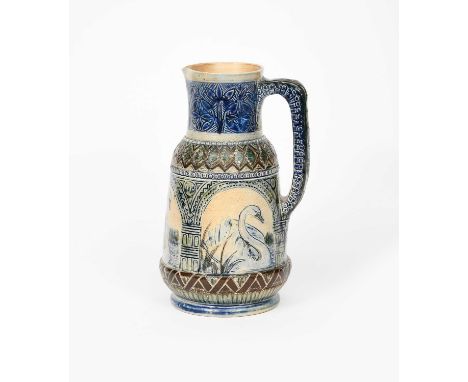 An early Martin Brothers stoneware jug by Robert Wallace Martin, dated 1875, shouldered form, incised with swans swimming on 
