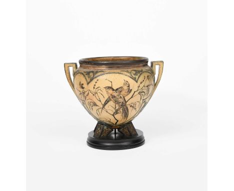 A Martin Brothers stoneware twin-handled urn shaped vase by Robert Wallace Martin, on cruciform flaring feet, incised with pa