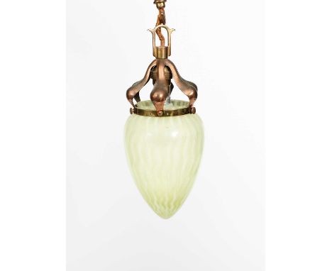 A copper and brass ceiling light in the manner of WAS Benson with James Powell vaseline glass shade, unsigned, 29cm. long Pro