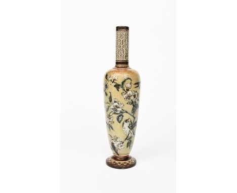A tall Martin Brothers stoneware vase by Robert Wallace Martin, dated 1887, slender, shouldered form, incised and painted wit