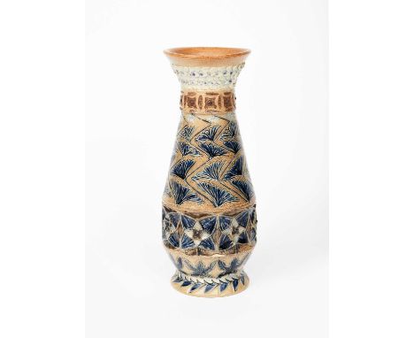 An early Martin Brothers stoneware vase by Robert Wallace Martin, dated 1874, slender, cylindrical form with flaring top rim,