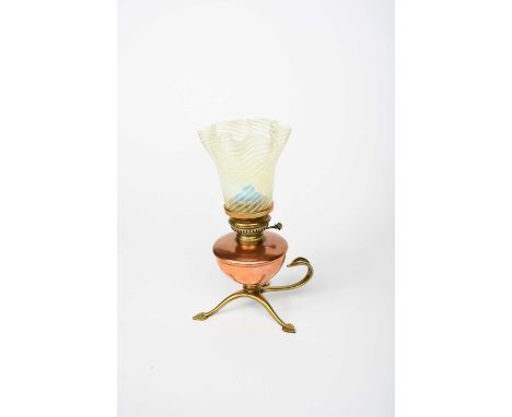 A WAS Benson copper and brass oil lamp with James Powell vaseline glass shade, model no.426, tripod brass foot with copper re