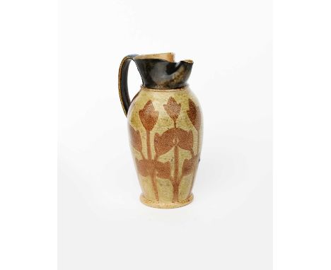 A Martin Brothers salt-glaze stoneware jug by Robert Wallace Martin, shouldered form with pinched neck, the body resist decor