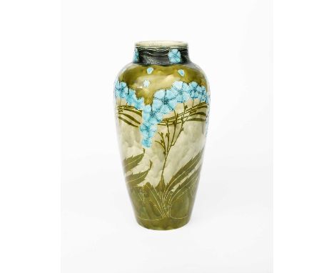 A Mintons Pottery Secessionist floor vase designed by John Wadsworth and Leon Solon, shouldered cylindrical form with collar 