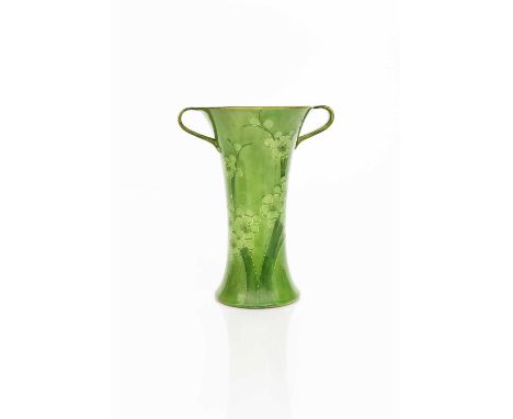 'Prunus' a rare Moorcroft Pottery twin-handled vase designed by William Moorcroft, dated 1912, waisted cylindrical form with 