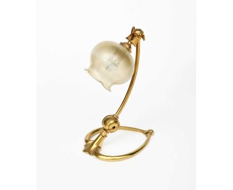 A WAS Benson brass adjustable table/wall lamp with vaseline glass shade, the heart-shaped base supporting curved stem and adj