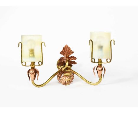 A WAS Benson twin branch copper and brass wall light, twin copper branches with spiral decoration, applied with copper foliat