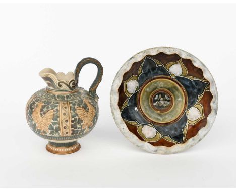 A Doulton Lambeth stoneware jug by Mark V Marshall, footed, ovoid form, modelled in low relief, with panels of chickens, in t