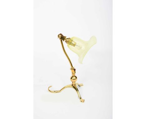 A WAS Benson brass table/wall light with vaseline glass shade, brass tripod foot with ball terminal, articulated arm, with fl