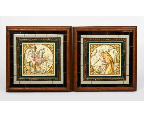 Morning and Night two large tiles probably Simpson, each painted with a maiden roundel, Morning gathering water from a well, 
