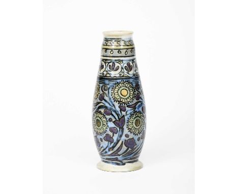 A Royal Doulton stoneware vase by Mark V Marshall, slender, swollen cylindrical form, painted with a frieze of stylised sunfl