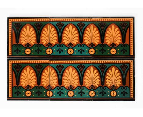 Two sets of Mintons large three tile panels, printed with stylised flower and foliage frieze in green, terracotta, sand and b