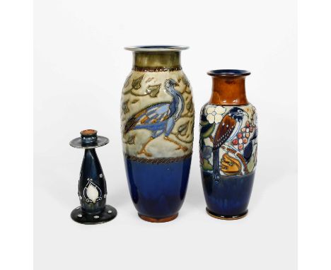 A Royal Doulton stoneware vase by Harry Simeon, shouldered form with cylindrical neck and flaring top rim, tubeline decorated