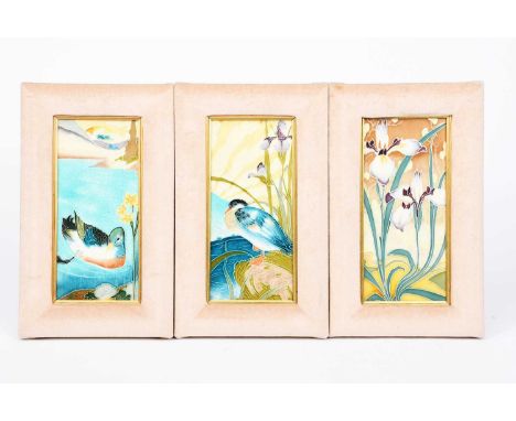 Three Mintons' Pottery tile plaques probably designed by John Wadsworth and Leon Solon, rectangular, decorated in low relief 