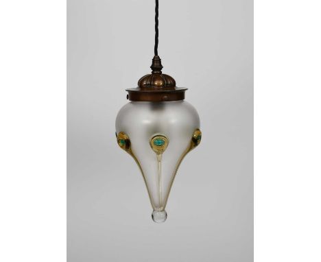 An Art Nouveau pendant light fitting with glass shade in the manner of John Walsh Walsh, the tapering teardrop shade applied 