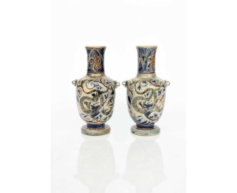 A tall pair of CIC Bailey Fulham Pottery stoneware vases by Edgar Kettle, dated 1875, shouldered baluster form, with applied 