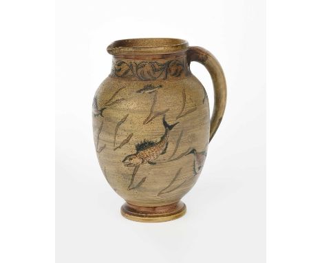 A Martin Brothers stoneware Aquatic jug by Robert Wallace Martin, dated 1885, shouldered form, painted with various scaly fis